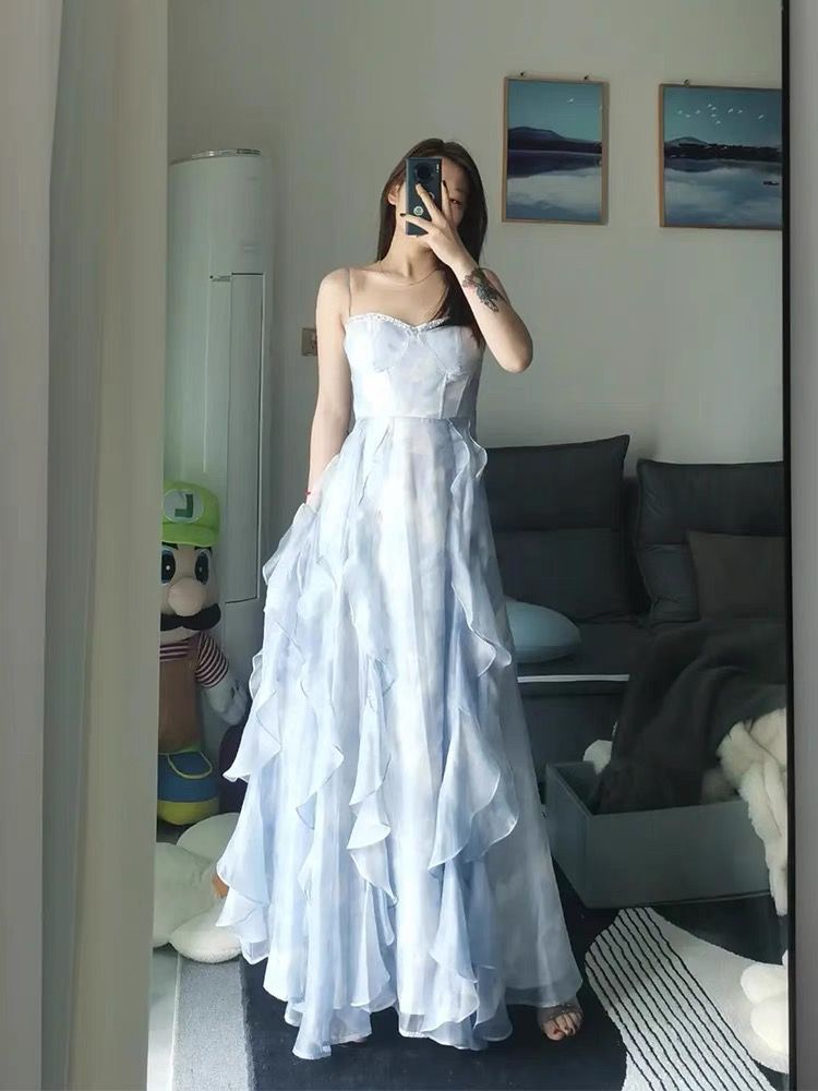 French Blue Strapless Sling Dress Seaside Vacation Draping Effect
