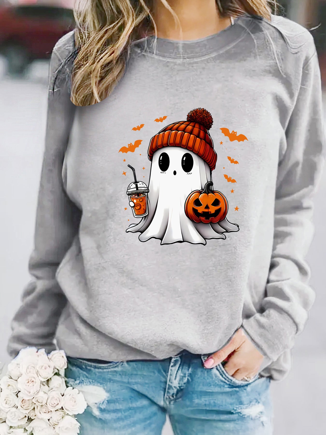 Crewneck Snowman Ghost Print Pullover Sweater