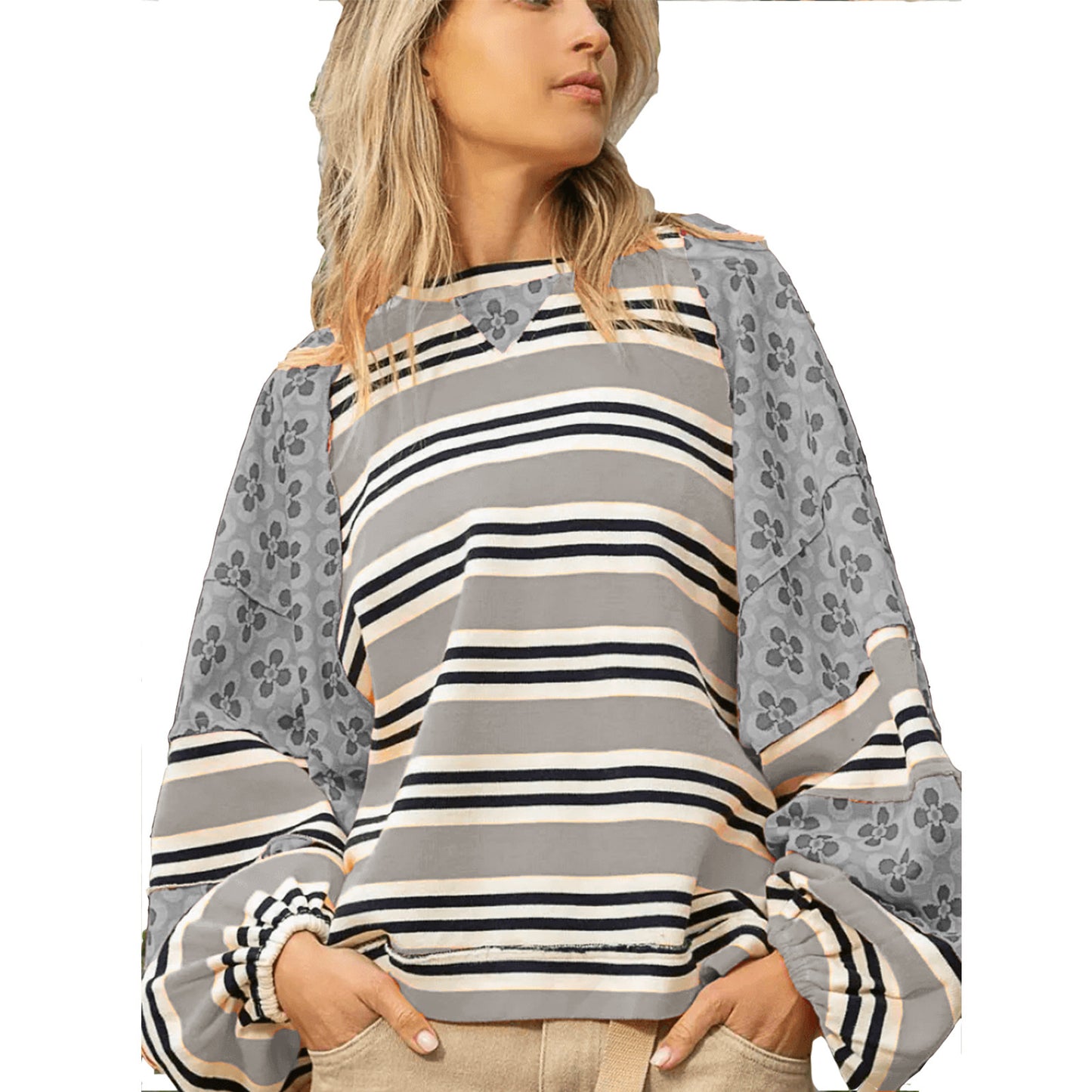 Women's Color Matching Printed Top Loose Long Sleeve
