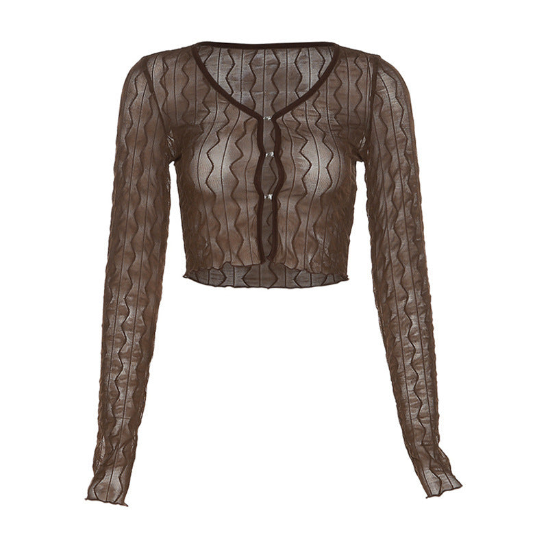 Women's Pure Color Mesh Cardigan Long Sleeve Short T-shirt - Chic Angle