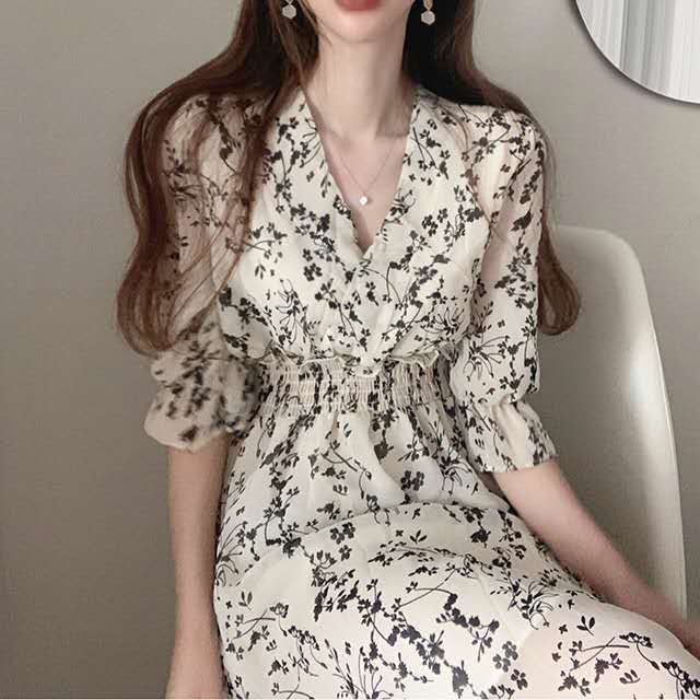 French Retro Mid-length Chiffon Floral Dress