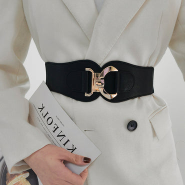 New Autumn And Winter Women's Wide Belt Metal Curved Buckle Belt With Suit Jacket Elastic Elastic Comfortable Waist