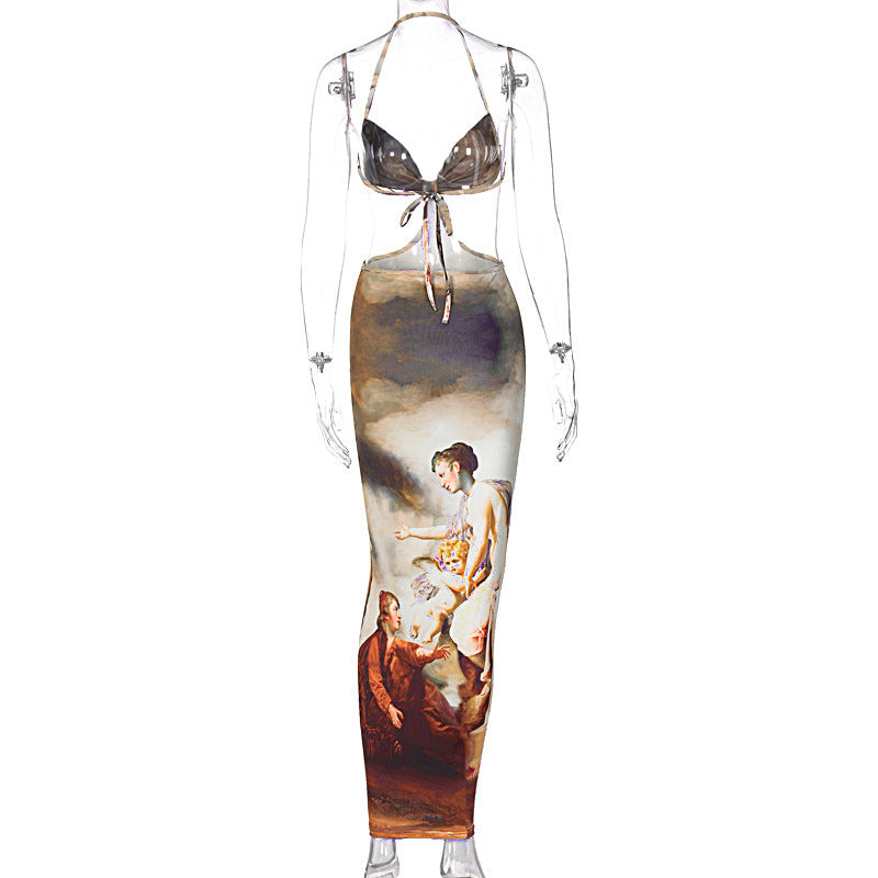 Halterneck Camisole Waist Cutout Print Maxi Dress