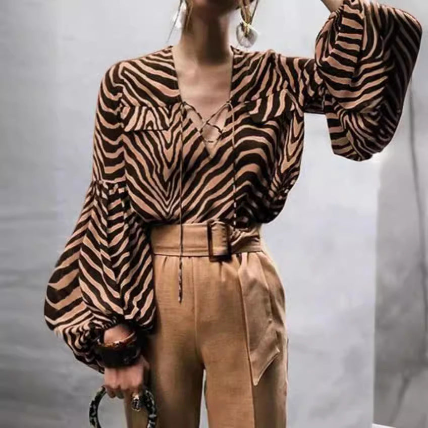 Women's Clothing Spring And Summer Zebra Prints V-neck Lace-up Long Sleeve Shirt