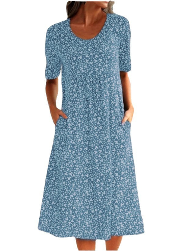 Round Neck Short Sleeve Floral Midi Dress