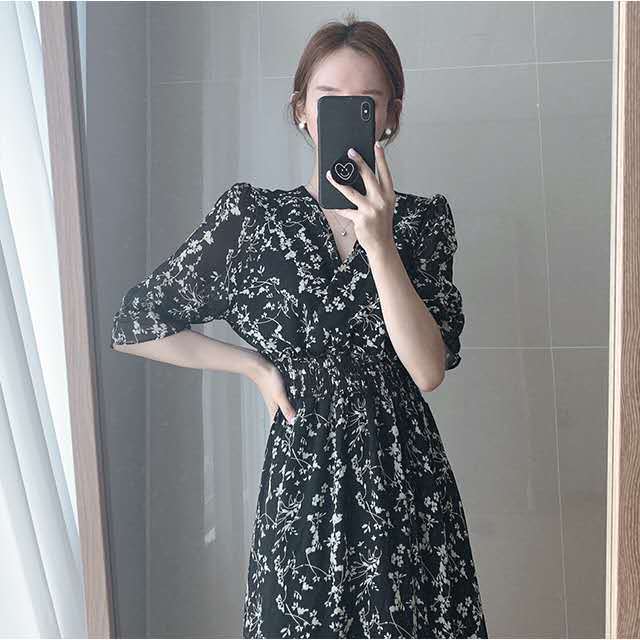 French Retro Mid-length Chiffon Floral Dress