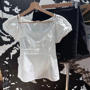 New French Style High Waist Ruffles U-Collar Cotton Top