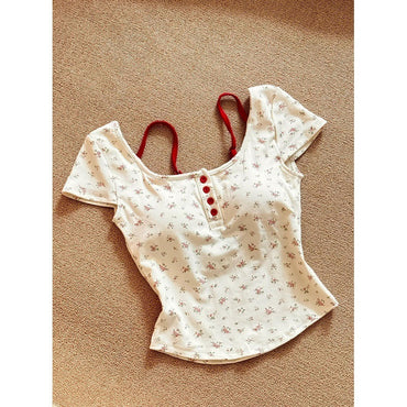 Pure Desire Floral Square Collar Shoulder Short-sleeved T-shirt Women's Summer With Chest Pad - Chic Angle