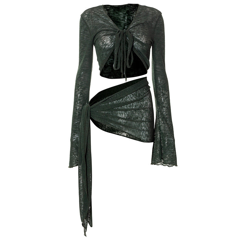 Strap Long-sleeved Wrap Top And Skirt