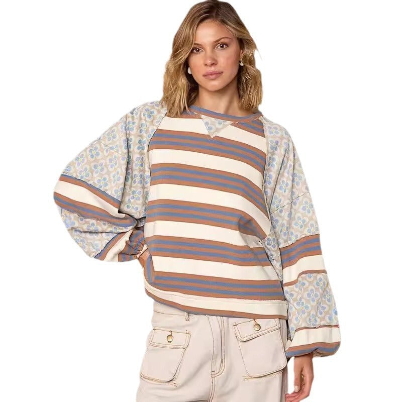 Women's Color Matching Printed Top Loose Long Sleeve