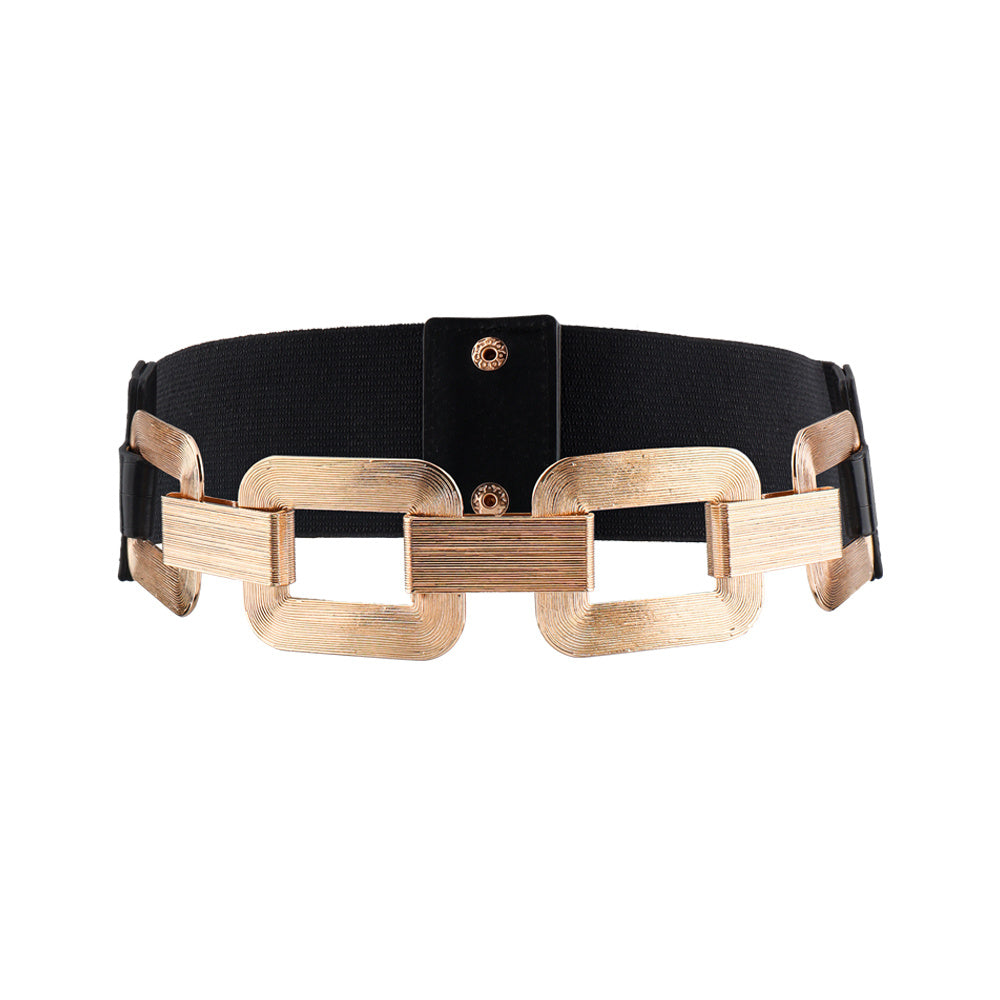The New Women's Gold Black Wide Belt Decoration Fashion Elastic Metal Waist Cover With Skirt Coat Waist Closed With Fashion Belt