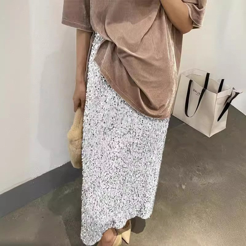 High Waist Sequined Straight Skirt