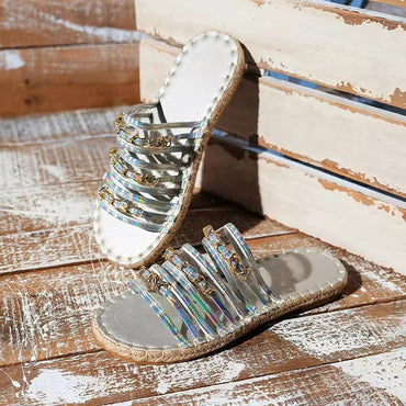 New Hemp Rope Thick Bottom Women's Large Size Straw Sandals With Rhinestones