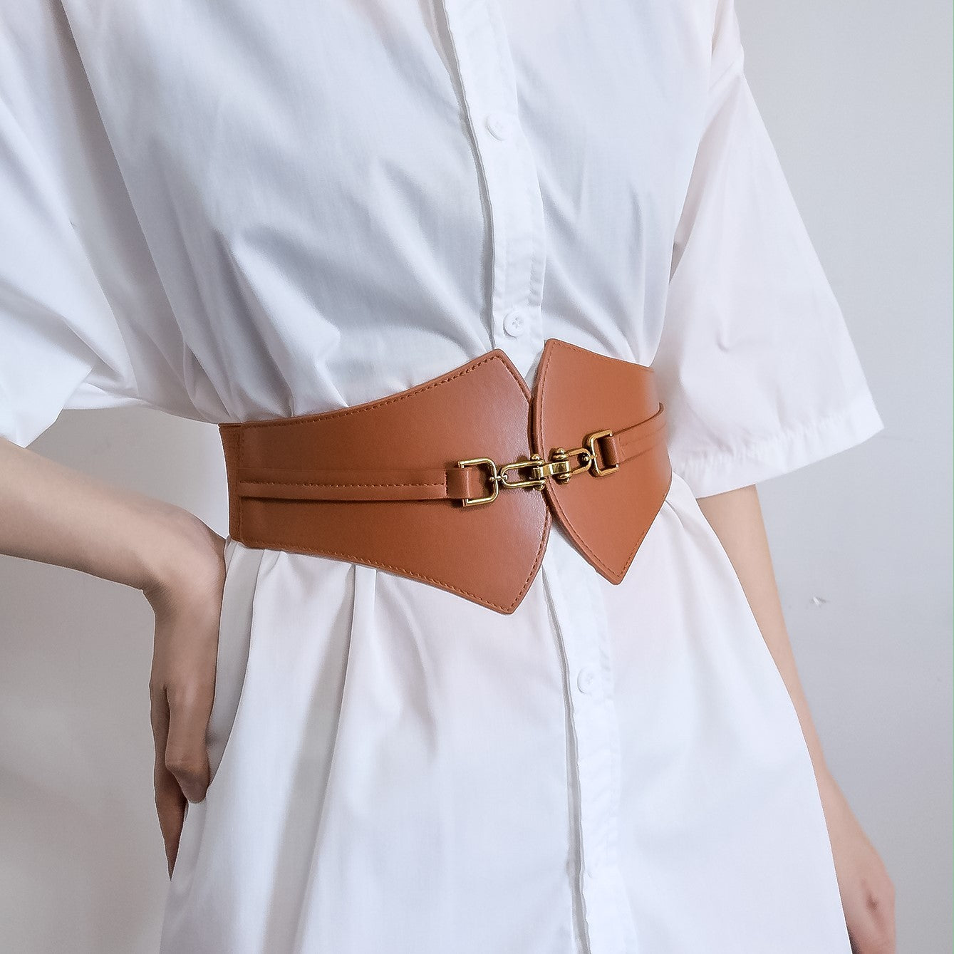 Waist seal female waist decoration shirt dress with a sense of high-grade belly cover fan-shaped buckle high elastic network red