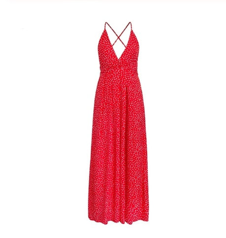 Dress holiday wind Europe and the United States new suspender skirt wave point cross large backless sexy slit long skirt female