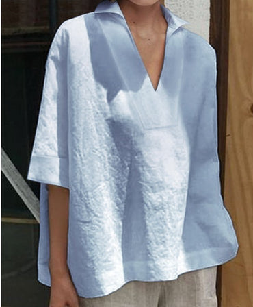 V-neck cotton and linen short-sleeved blouse