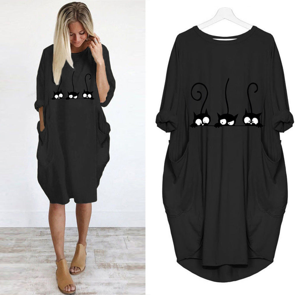 Autumn and winter long-sleeved loose print dress