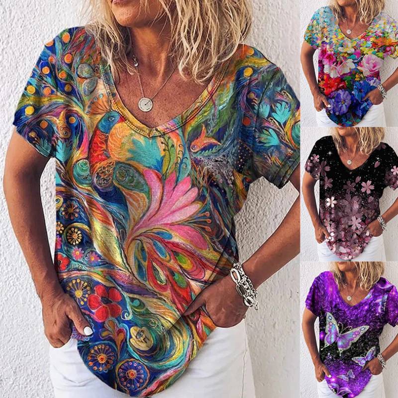 Summer Popular Floral Print Short-sleeved V-neck T-shirt For Women
