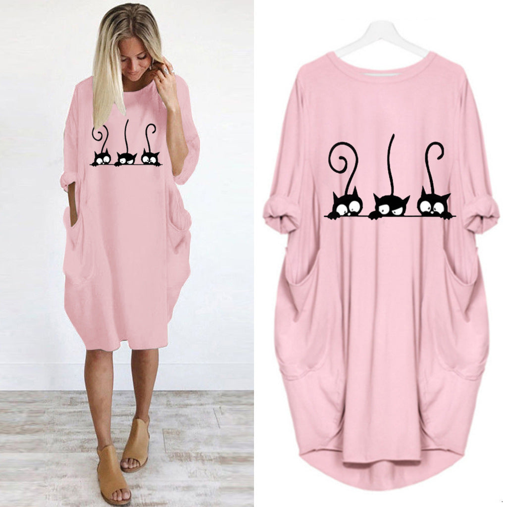 Autumn and winter long-sleeved loose print dress