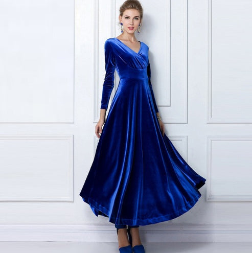 Thickened good quality Spring and autumn winter long-sleeved dress Gold velvet maxi dress V-neck dress