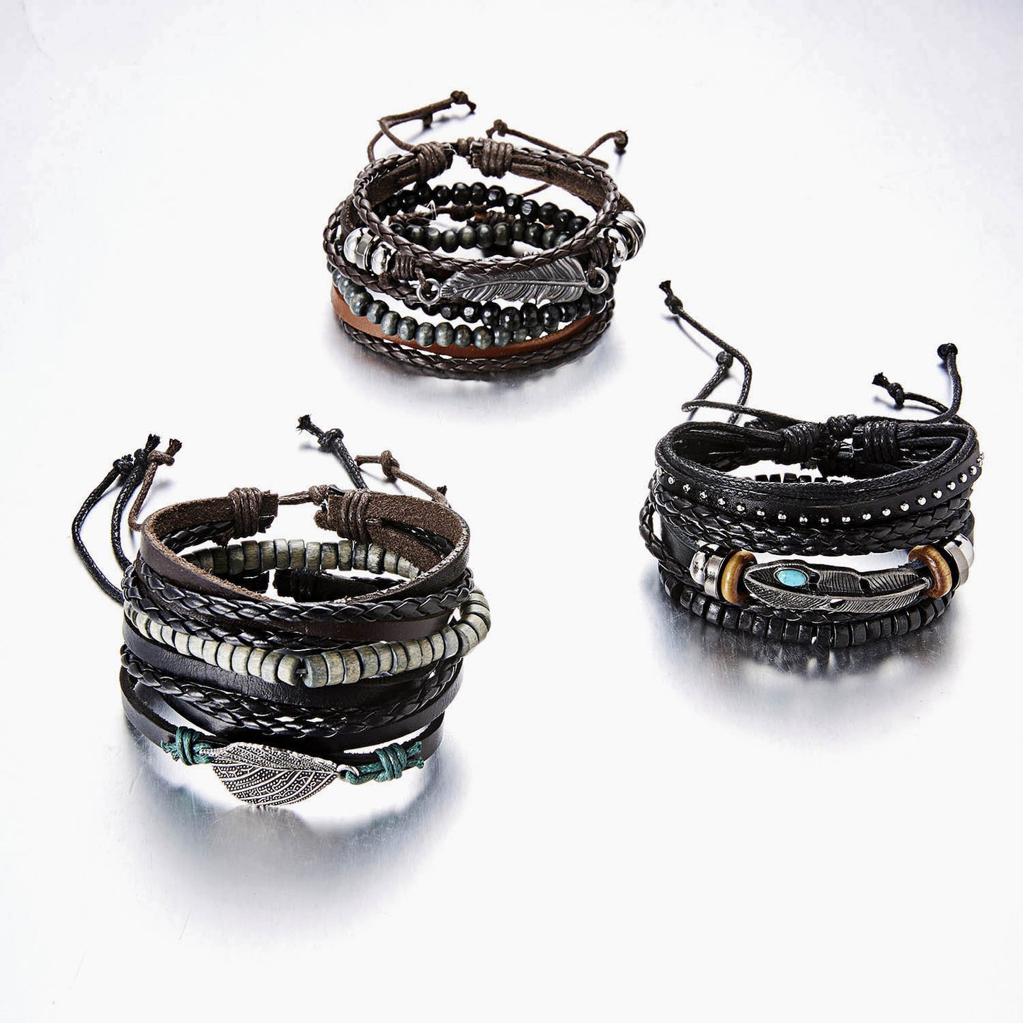 New Men's Leather Suit Creative Leaves Wooden Bead Woven Adjustable Suit Bracelet - Chic Angle