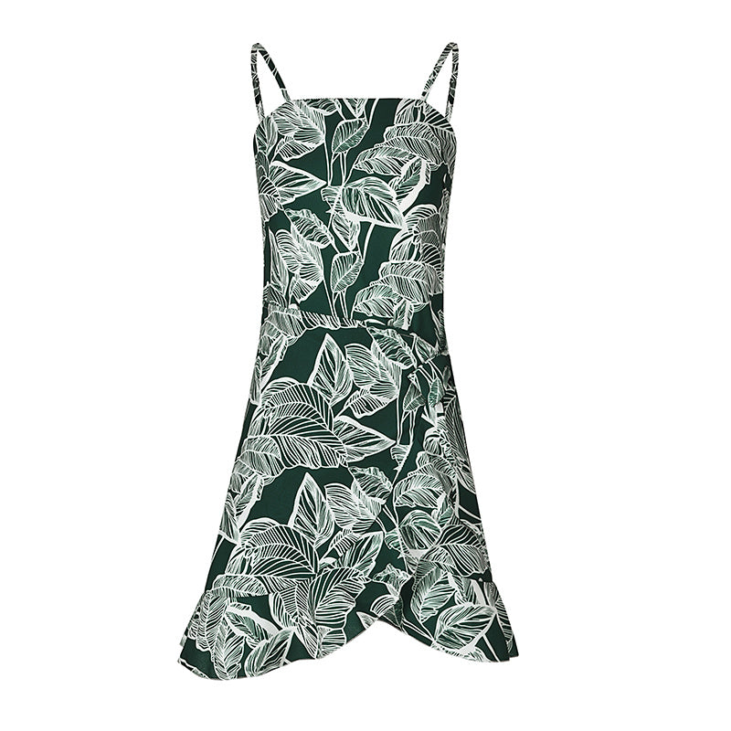 USA SIZE Leaf Print Sling Chiffon Dress Sexy Beach Seaside Vacation Irregular Skirt