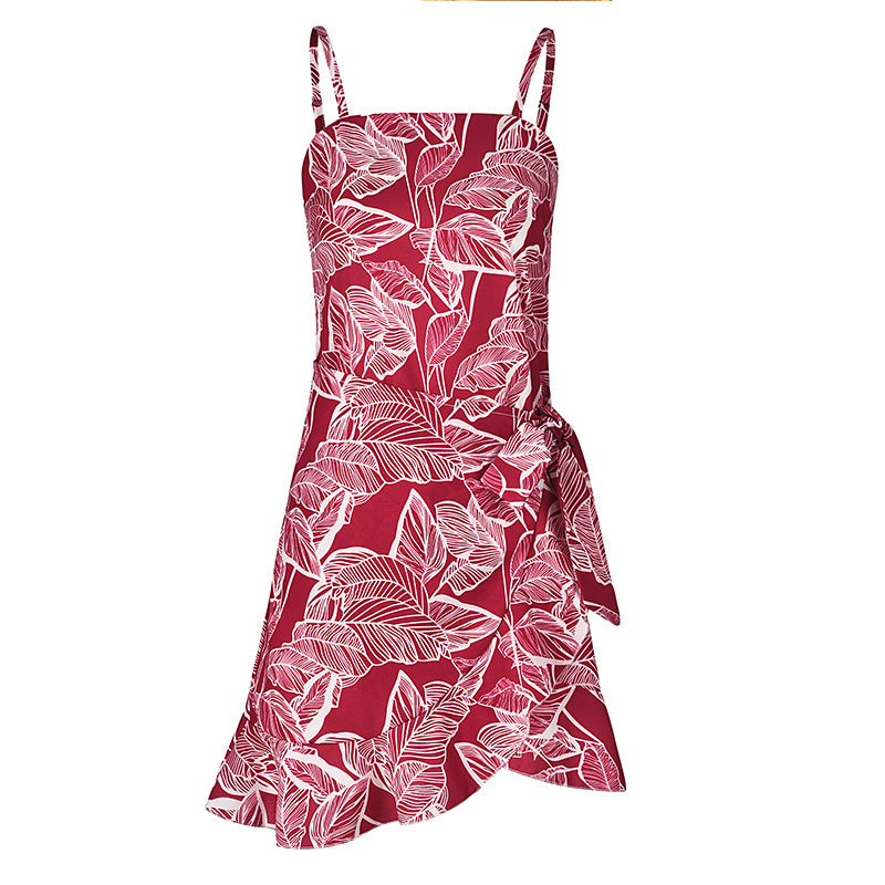 USA SIZE Leaf Print Sling Chiffon Dress Sexy Beach Seaside Vacation Irregular Skirt