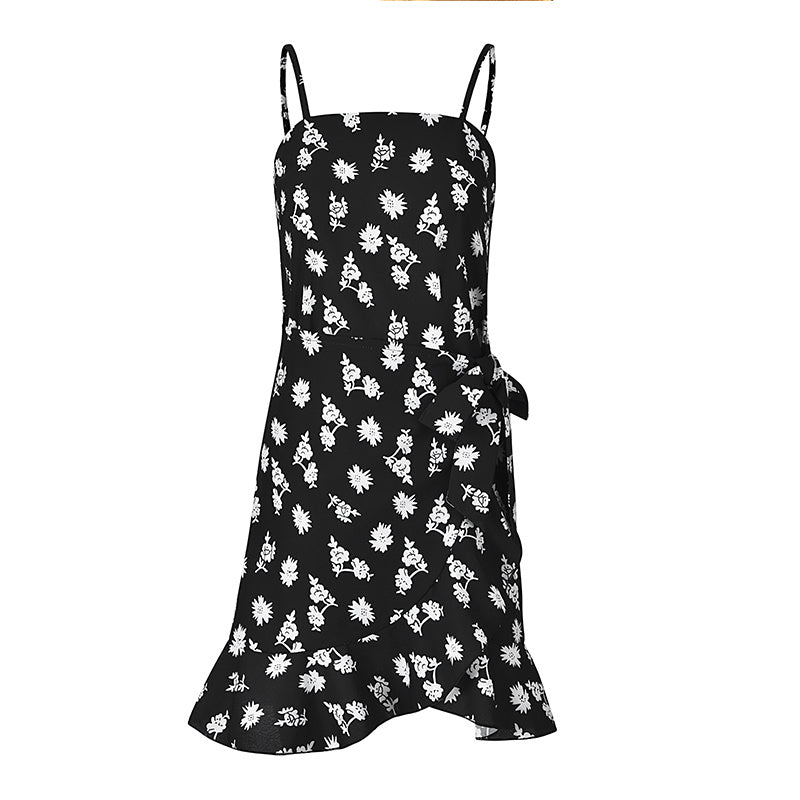 USA SIZE Leaf Print Sling Chiffon Dress Sexy Beach Seaside Vacation Irregular Skirt