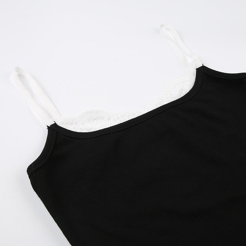 Contrast Color Lace Hot Girl Knitted Fashion Design Sense Bottoming Small Slip Top Women