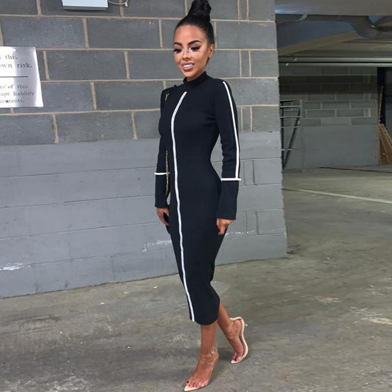 Summer new hit color long-sleeved midi dress