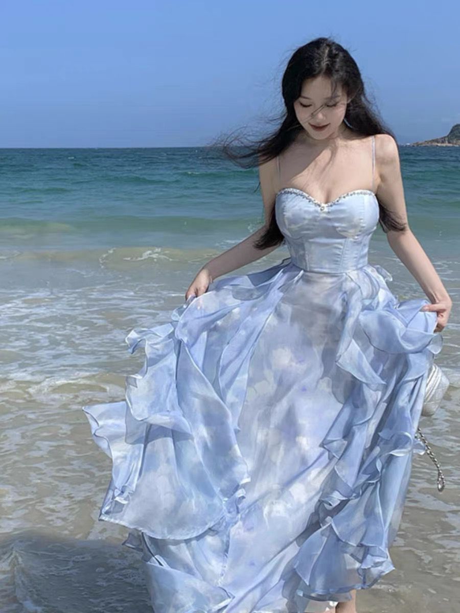 French Blue Strapless Sling Dress Seaside Vacation Draping Effect