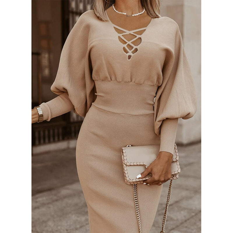 Pure Color High Waist Long Sleeve Knitted Dress