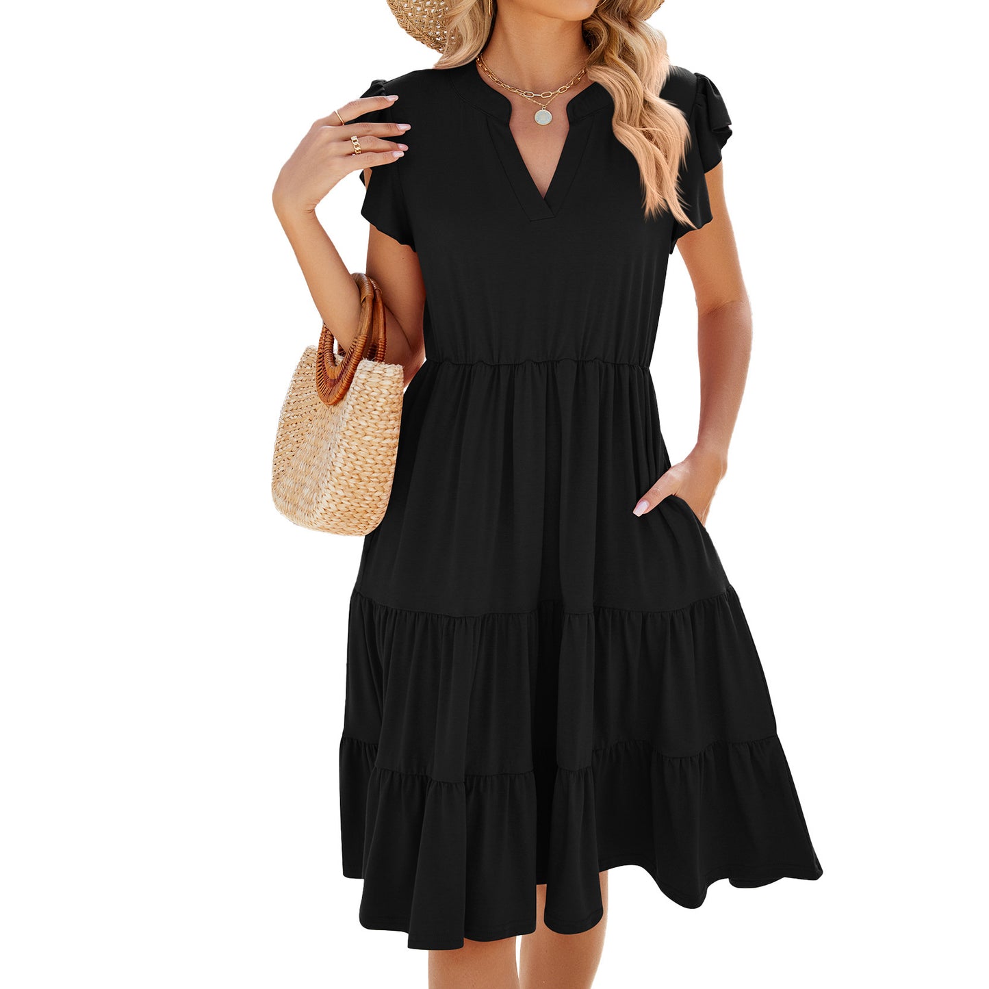 V-neck Loose Short Sleeve Women's Stitching Dress