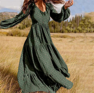 Printed Dress Female V Neck Lantern Sleeve Stitching