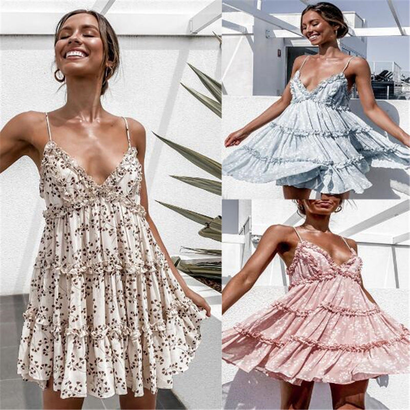 European And American Spring And Summer Cross-Border New Small And Sweet Digital Print Sling Lace Dress