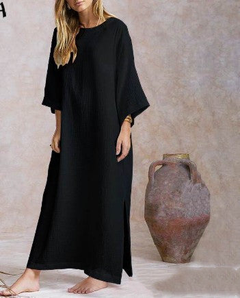 Femmes Solide Maxi Longue Robe Coton Vintag Grande Taille Robe Blanche Sexy Fendu Ourlet Vestido Robe Femme