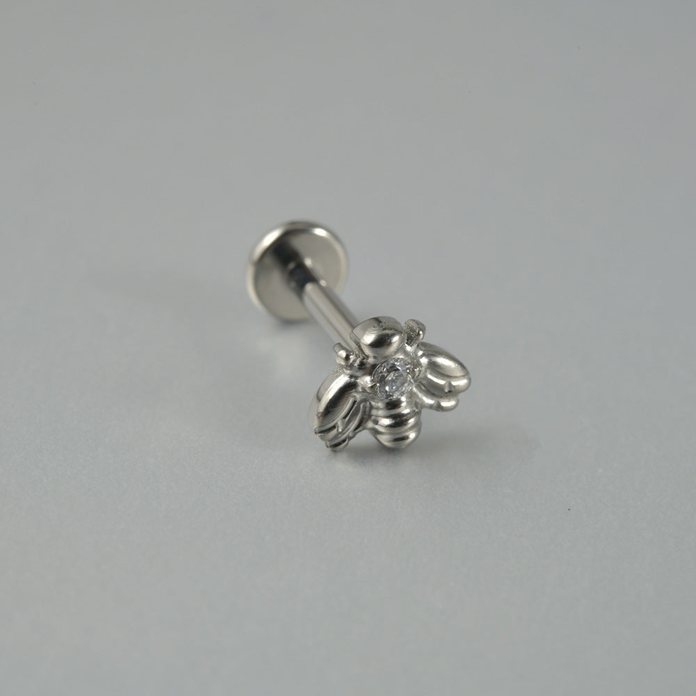 G23 Titanium Personality Straight Rod Flat Bottom Labret Inlaid Zircon Bee Labret Ear Studs Tongue Pin DIY Piercing Earrings