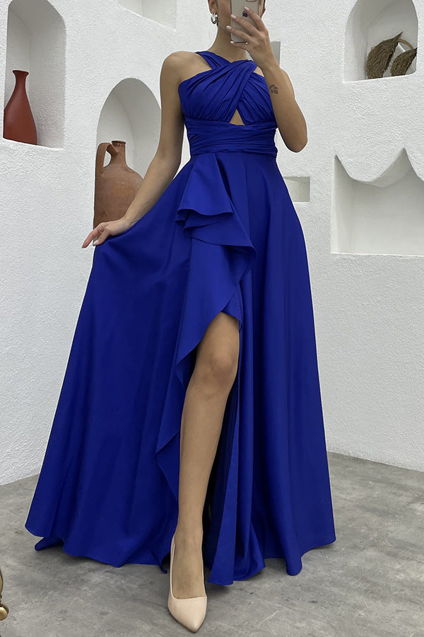 Sleeveless Solid Color Irregular Long Dress Formal