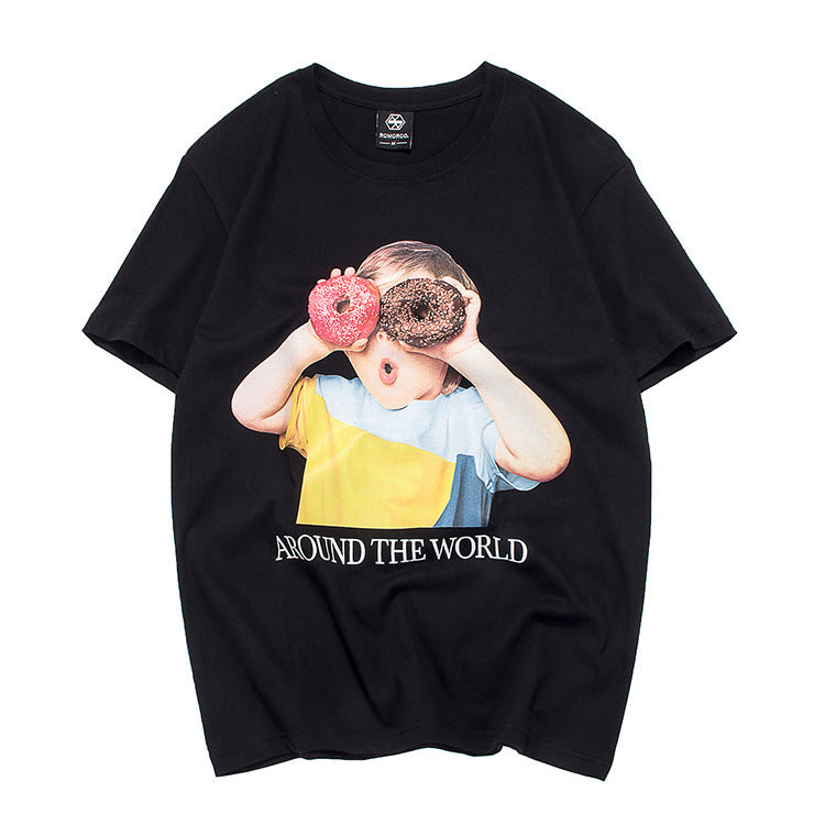 RS tide brand men's spring and summer European and American leisure round neck donuts children's printing lovers short-sleeved T-shirts