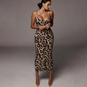 V-neck snake print suspender midi dress