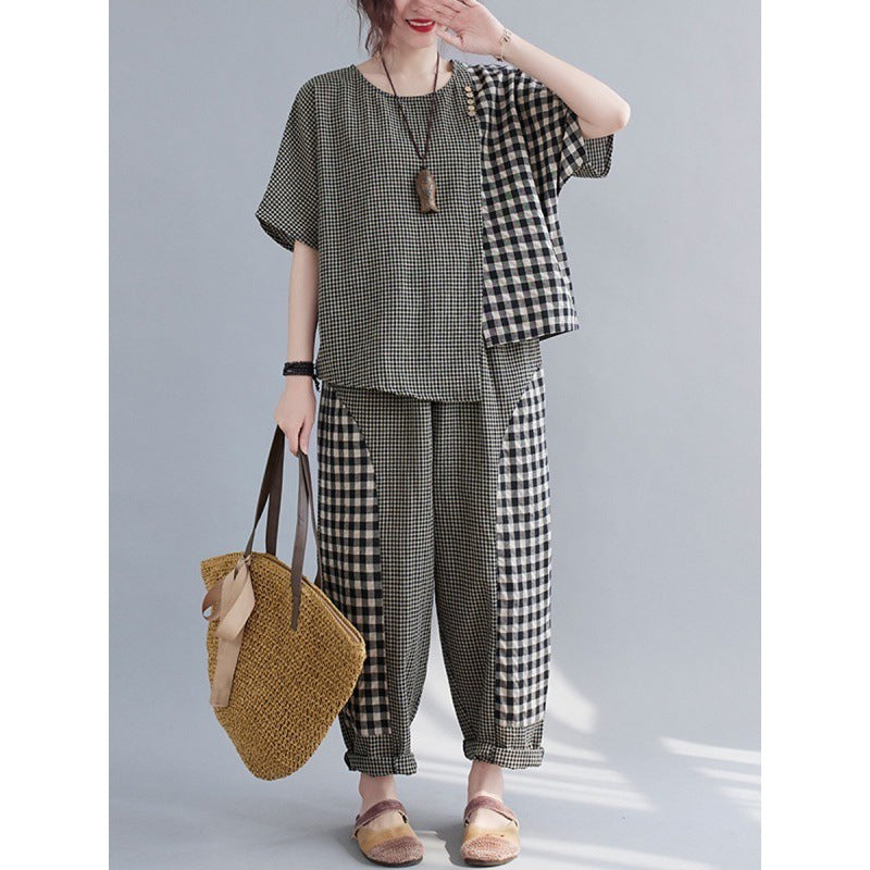 Short-sleeved Top Plus Size Cotton And Linen Trousers Two-piece Set