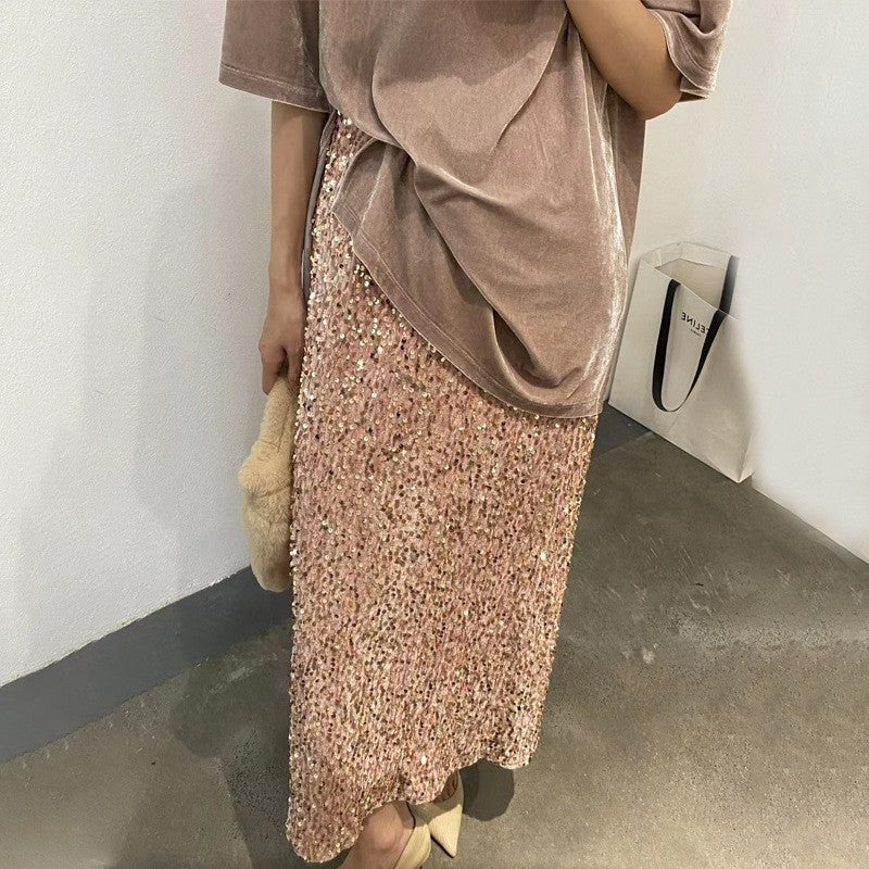 High Waist Sequined Straight Skirt