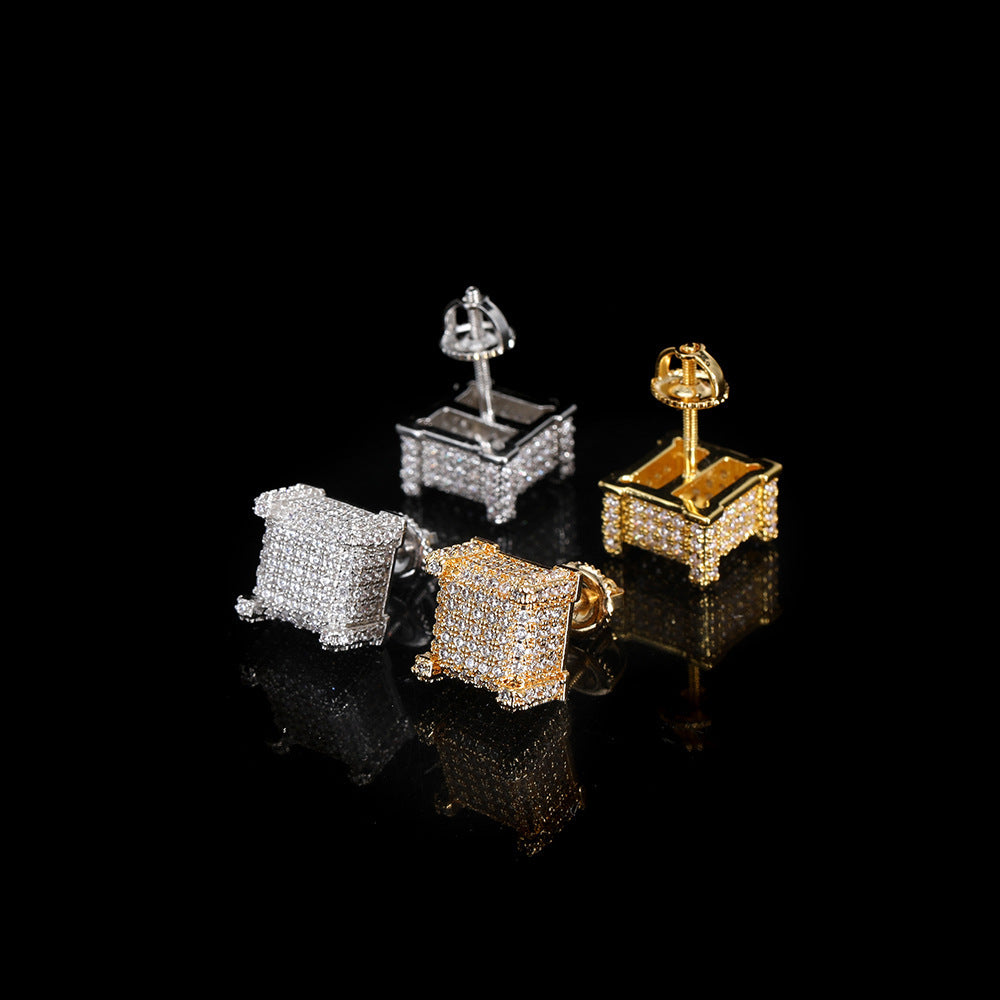 European Hip Hop Micro Inlaid Zircon Square Ear Studs