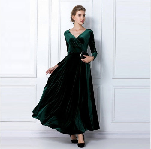 Thickened good quality Spring and autumn winter long-sleeved dress Gold velvet maxi dress V-neck dress
