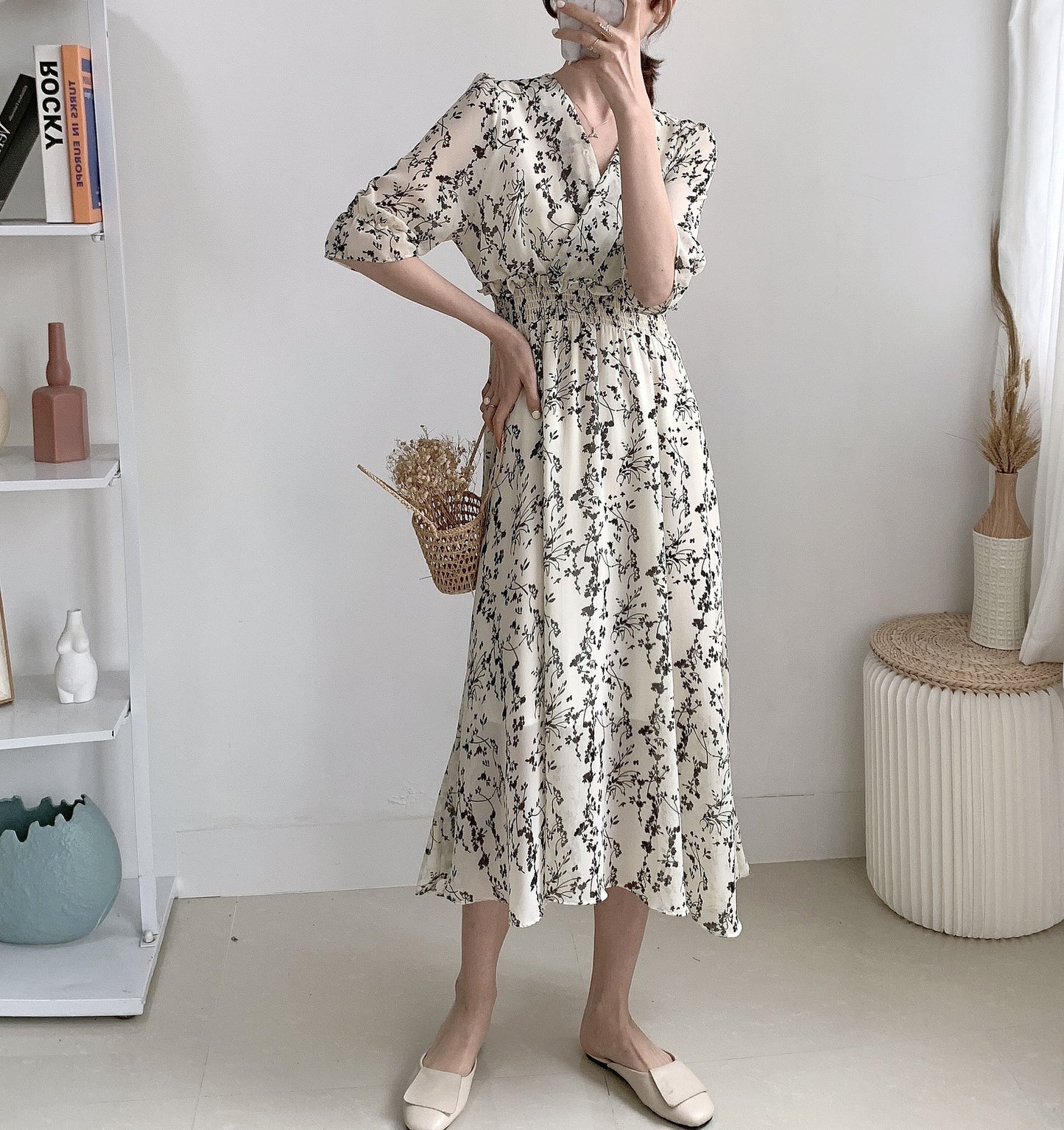 French Retro Mid-length Chiffon Floral Dress