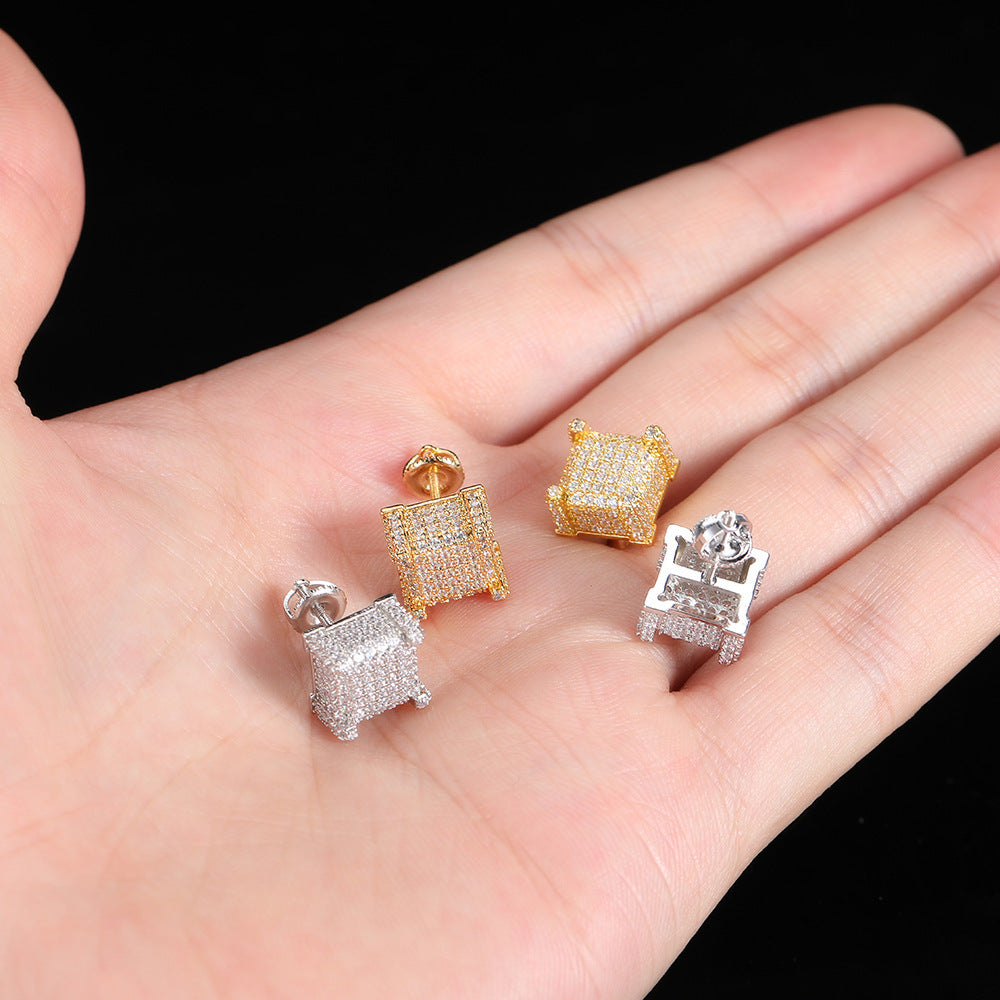 European Hip Hop Micro Inlaid Zircon Square Ear Studs