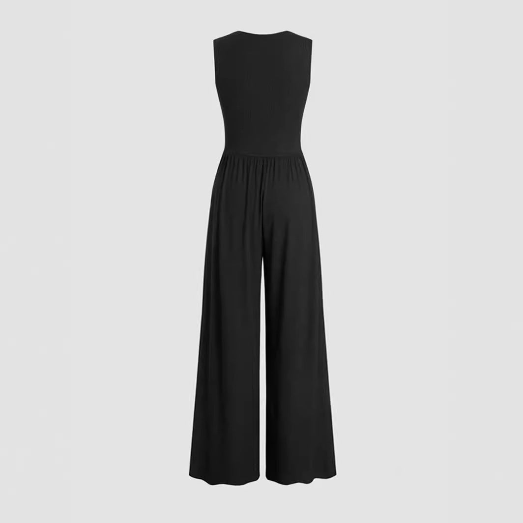 Women's Deep V-neck Pleated Stretch Body Shaping Wide Leg Jumpsuit