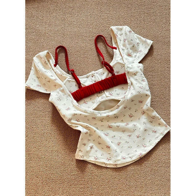 Pure Desire Floral Square Collar Shoulder Short-sleeved T-shirt Women's Summer With Chest Pad - Chic Angle