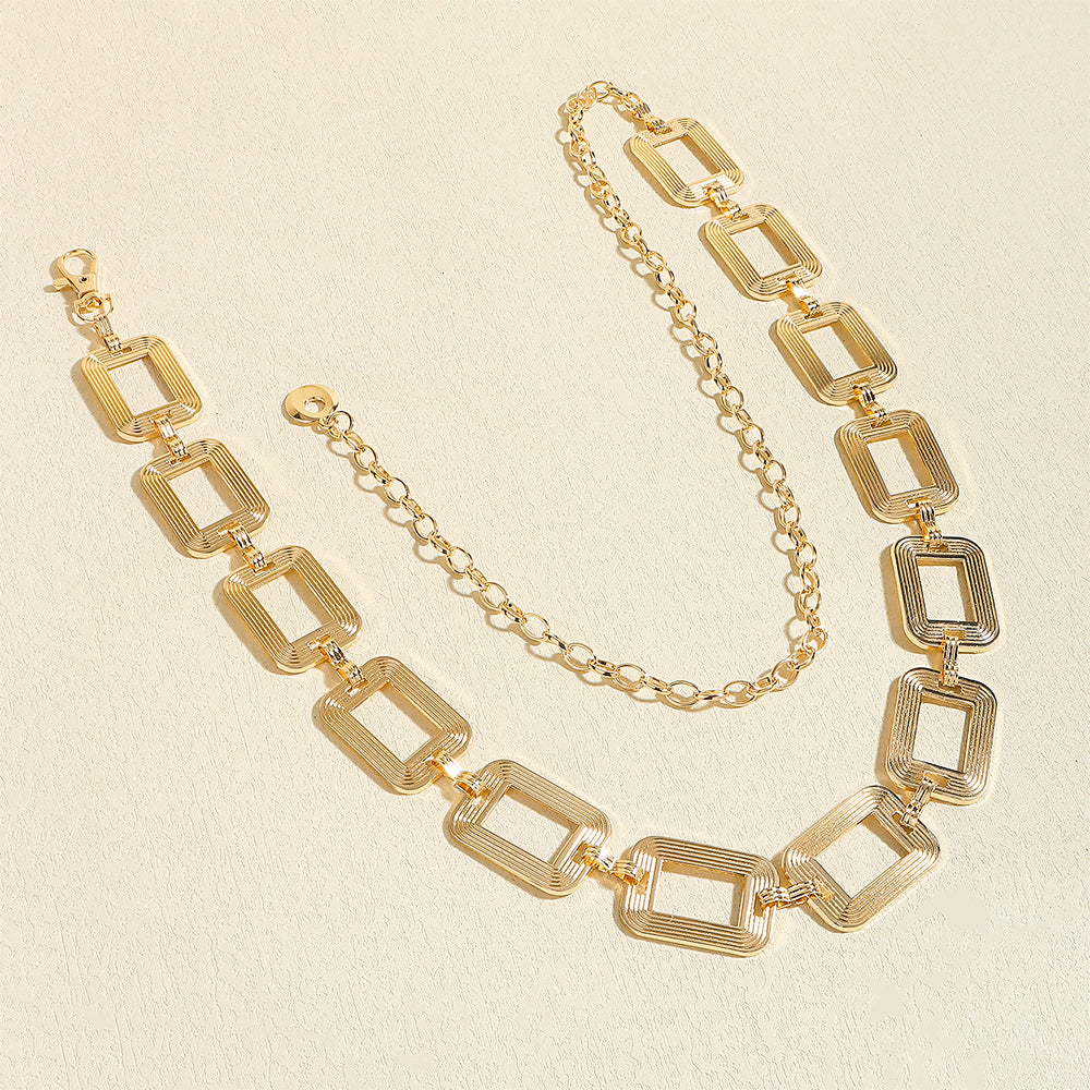 Sexy Women's Waist Chain Metal Cutout Simple Texture Square Buckle Body Chain
