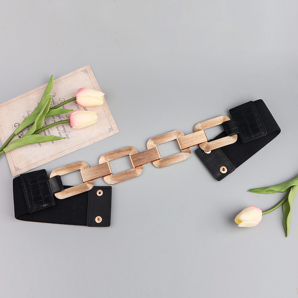 The New Women's Gold Black Wide Belt Decoration Fashion Elastic Metal Waist Cover With Skirt Coat Waist Closed With Fashion Belt